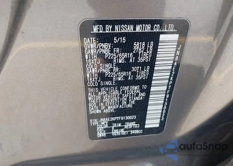 2015 Nissan Quest Sv z USA, uszkodzony, nr VIN JN8AE2KP7F9130023